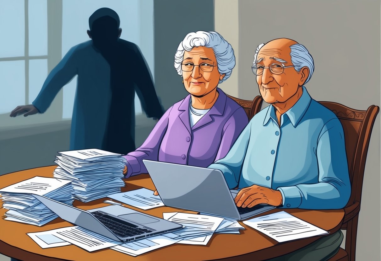 A serene elderly couple sits at a table, reviewing long-term care documents with a wary expression. A stack of papers and a laptop are scattered across the table, while a shadowy figure lurks in the background, symbolizing the potential threat of scams