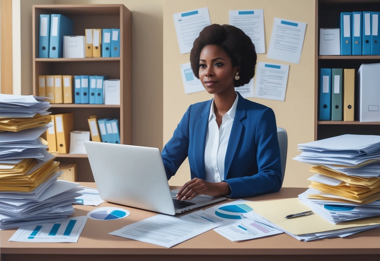 A person sitting at a desk with a laptop and paperwork, surrounded by files and documents related to researching and verifying care providers for long-term care