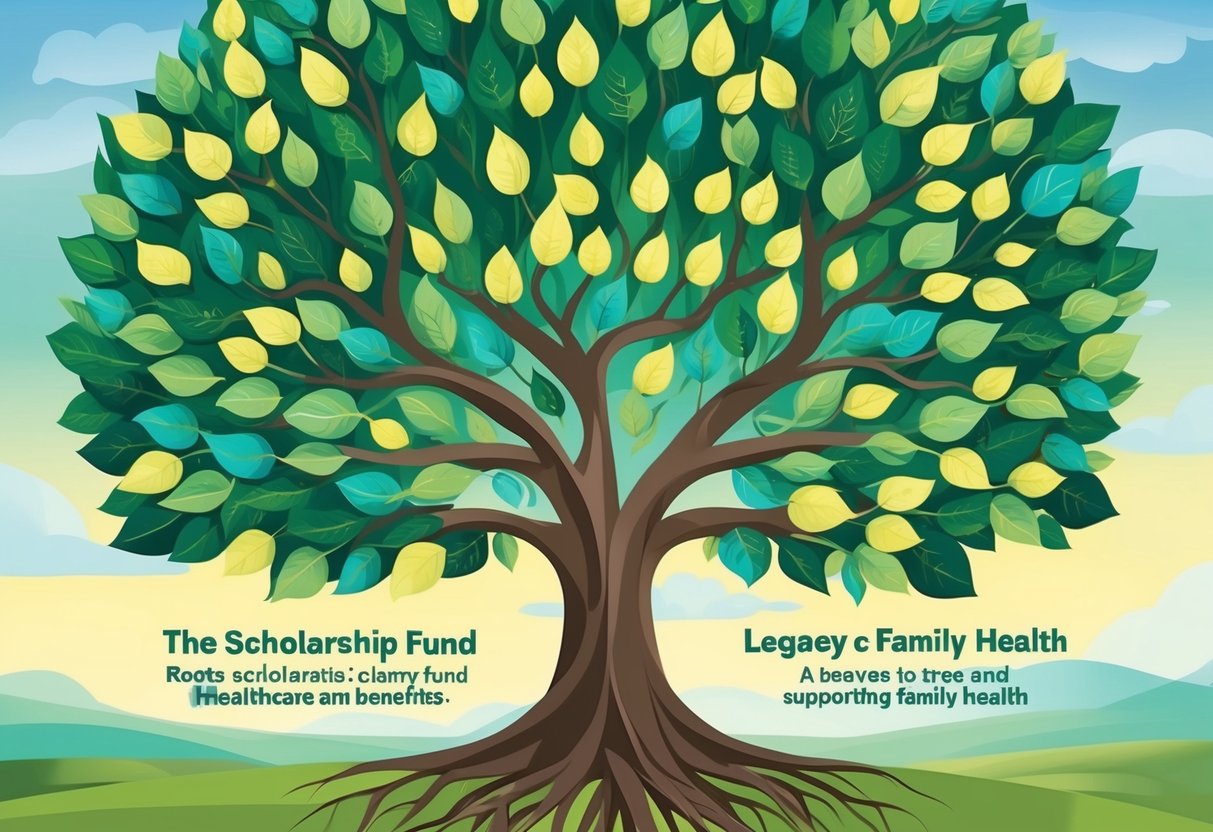A family tree with roots representing the scholarship fund, branches symbolizing healthcare benefits, and leaves signifying the legacy of supporting family health