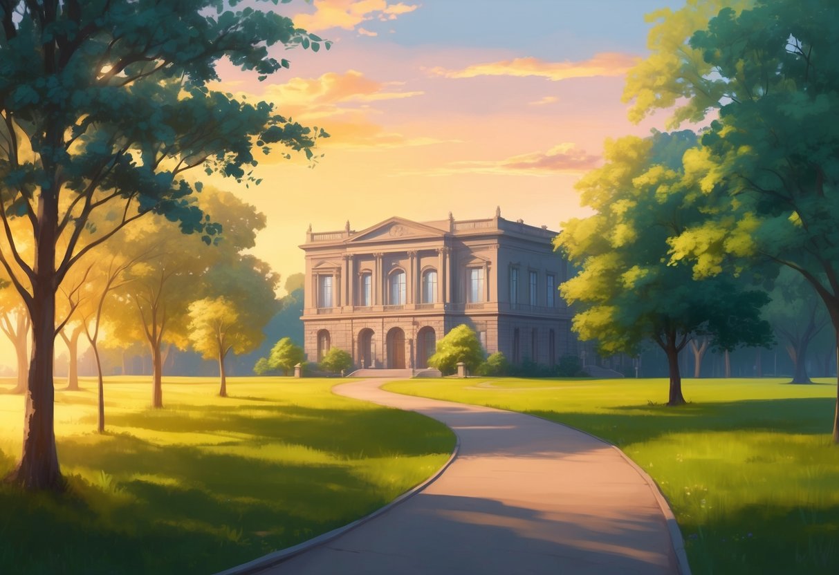 A serene, leafy park with a winding path leading to a grand, stone building. A golden sunset casts a warm glow over the scene, evoking a sense of security and long-term support