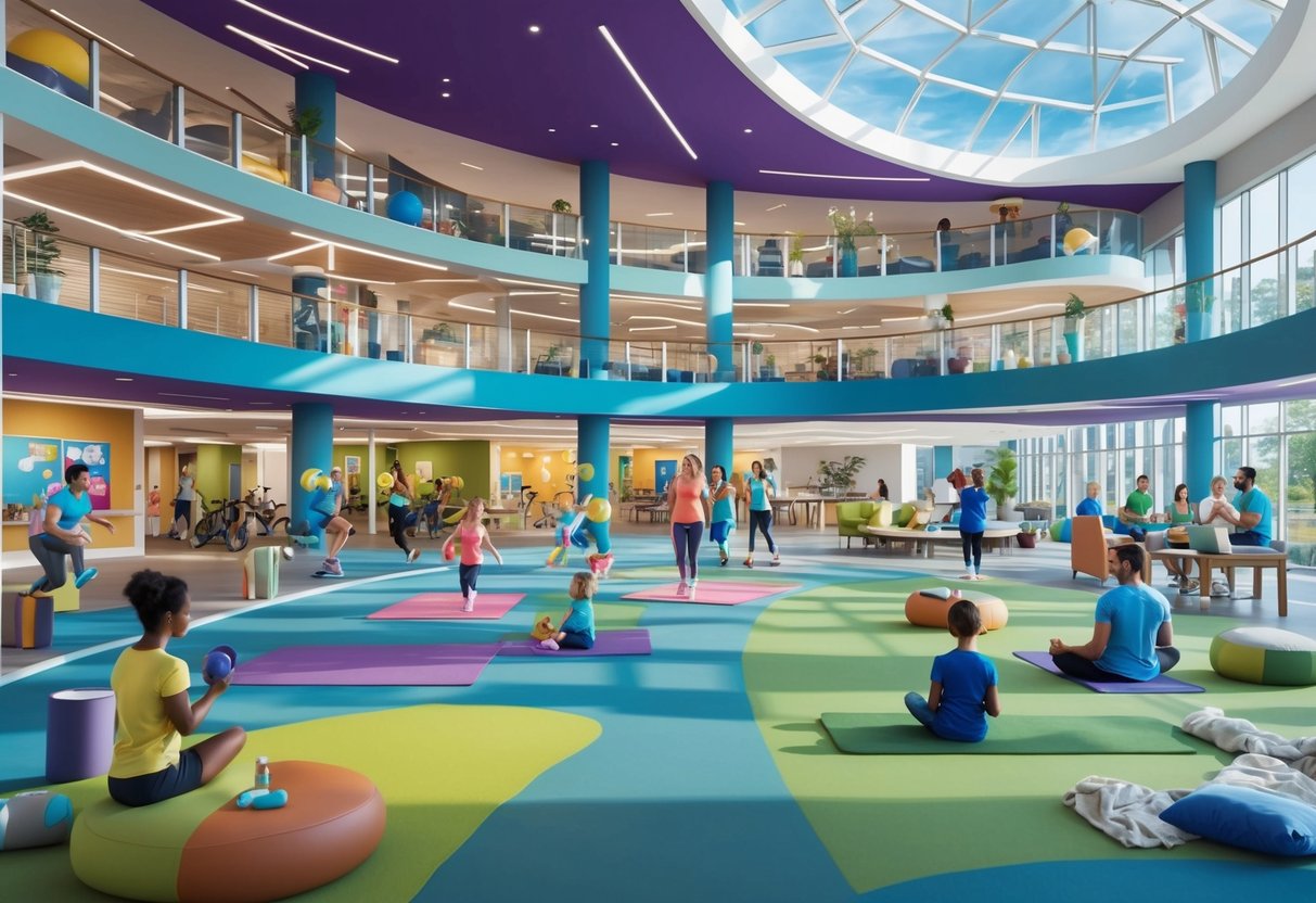 A bustling Family Wellness Center with diverse activities and services, from fitness classes to medical care, all under one roof