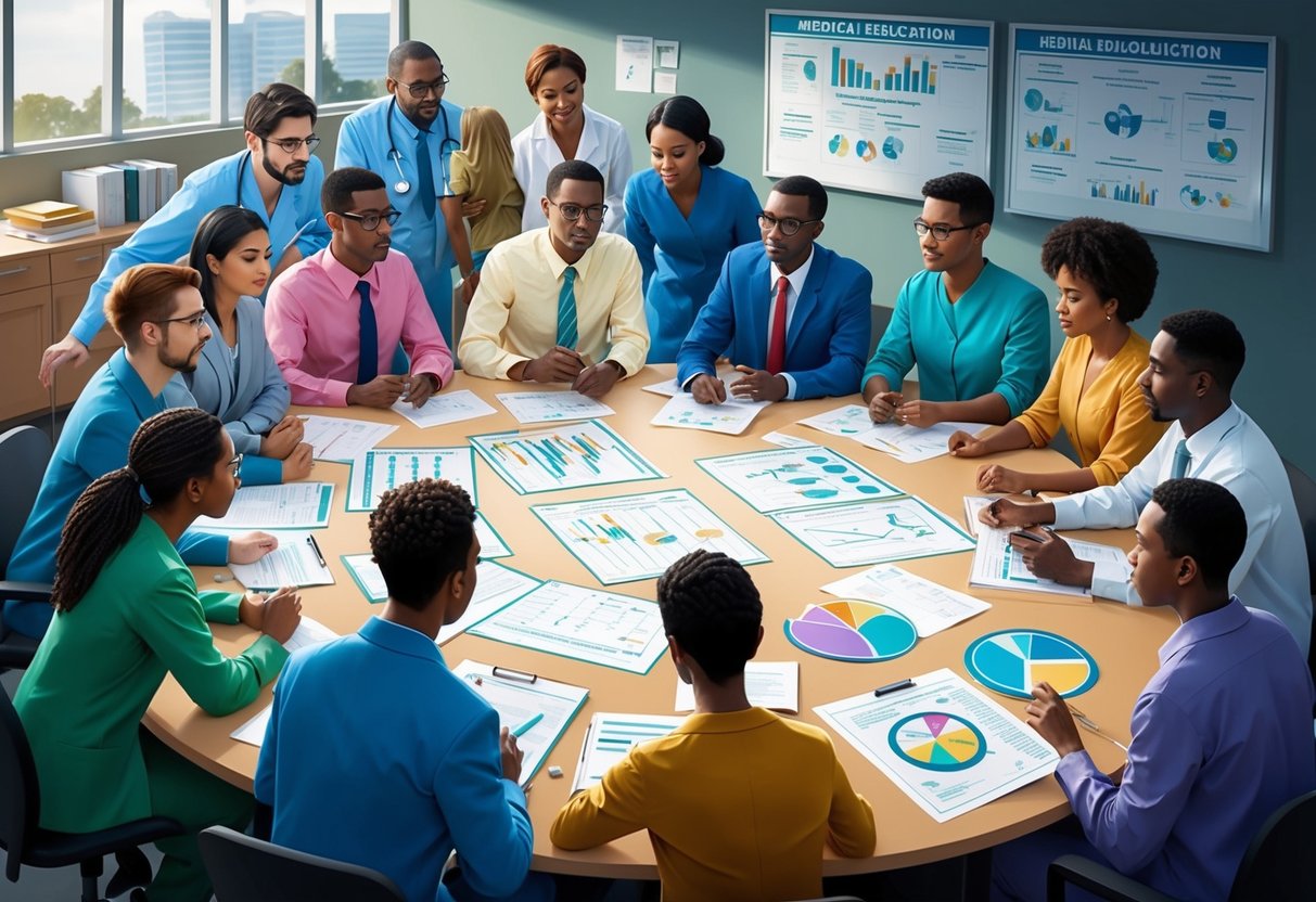 A group of diverse individuals gather around a large table, engaged in discussion and collaboration. Charts and diagrams related to medical education and healthcare are spread out, with a sense of purpose and determination evident in their expressions