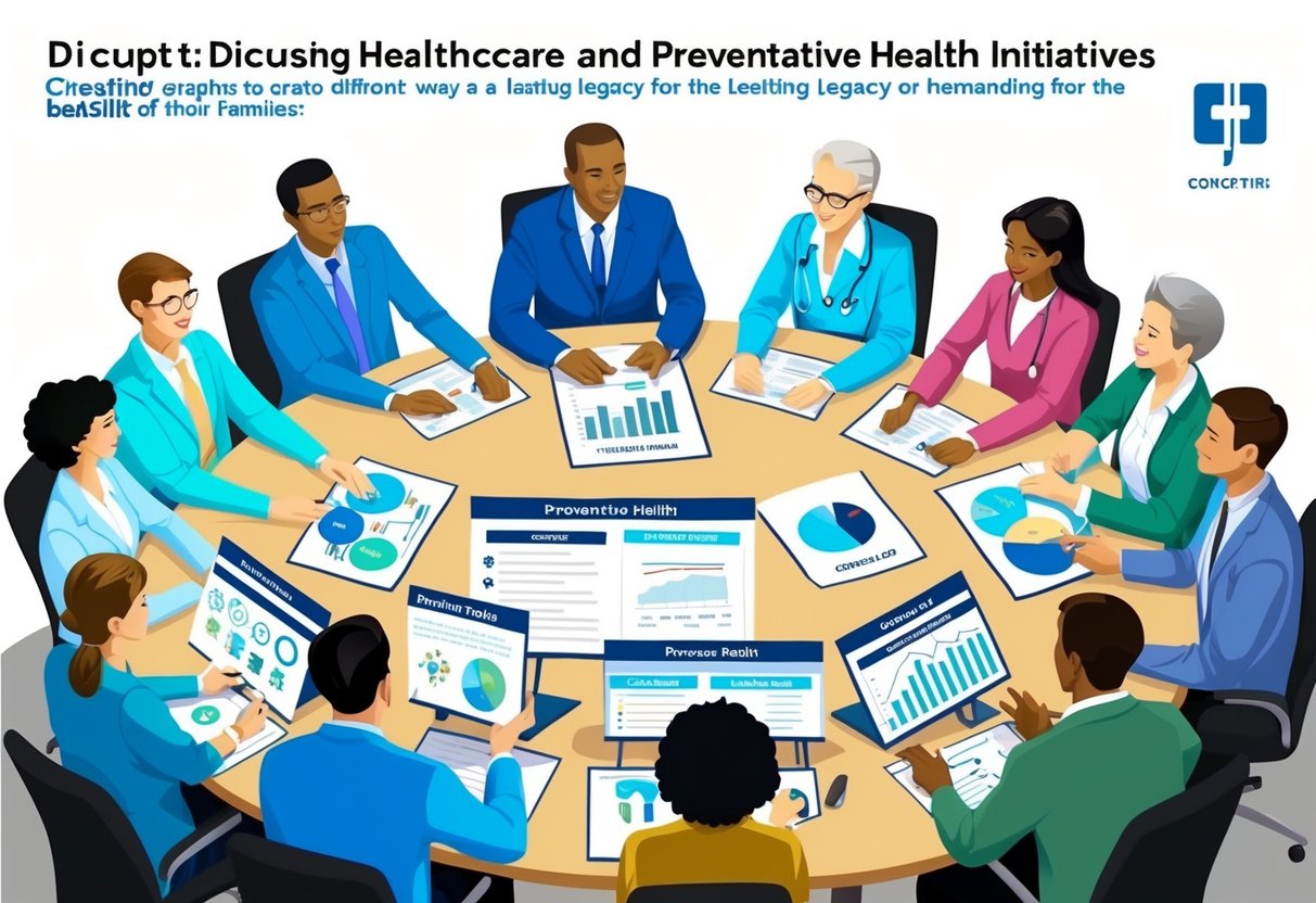 A group of people gather around a table, discussing healthcare and preventative health initiatives. Charts and graphs are laid out, showing different ways to create a lasting legacy for the benefit of their families