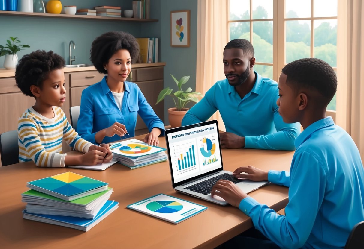 A family sitting around a table, engaging in a discussion about nutrition and healthcare. A stack of educational materials and a laptop with graphs and charts are visible