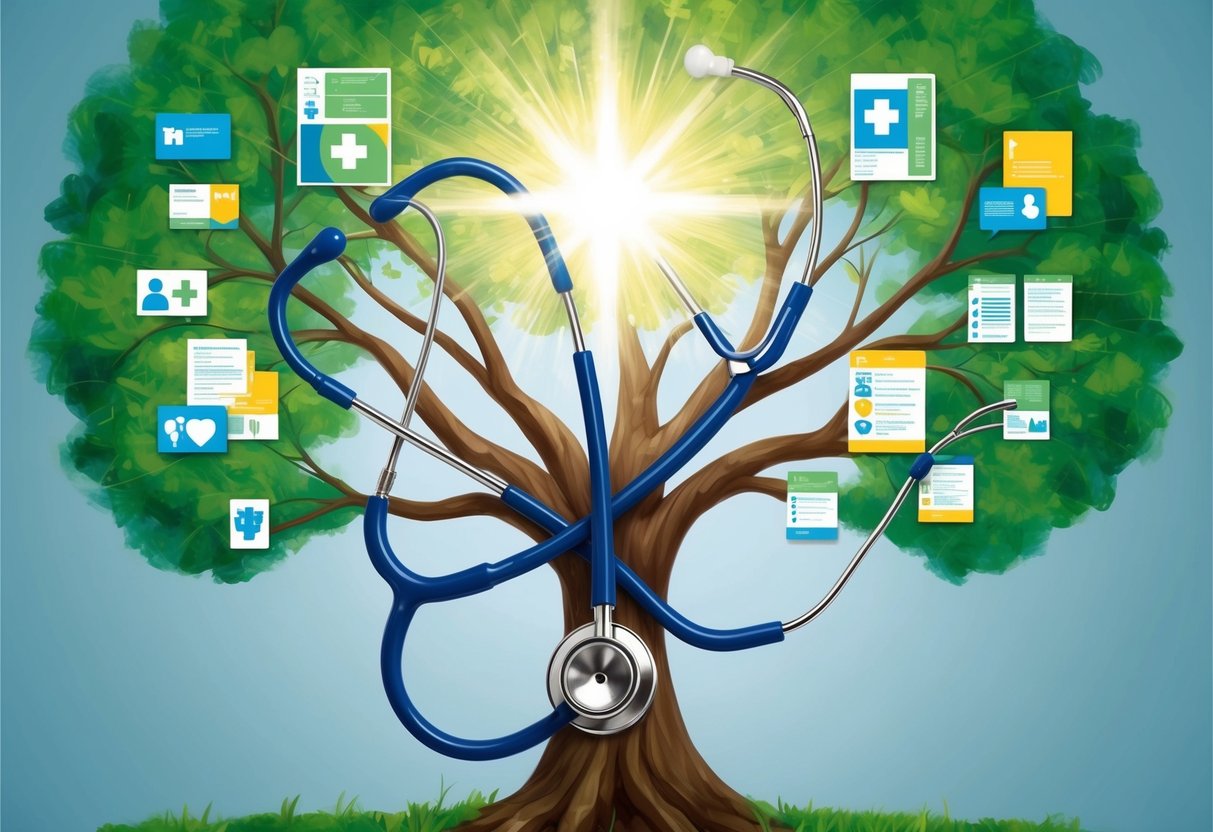 A stethoscope wrapped around a family tree, with branches representing different healthcare and benefit options. A shining legacy symbol hovers above, encompassing the entire scene