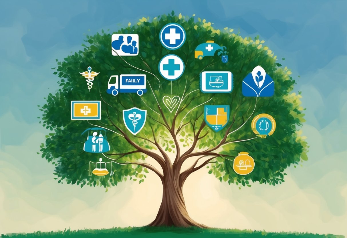 A family tree with branches extending to form a protective umbrella over various symbols of healthcare and benefits