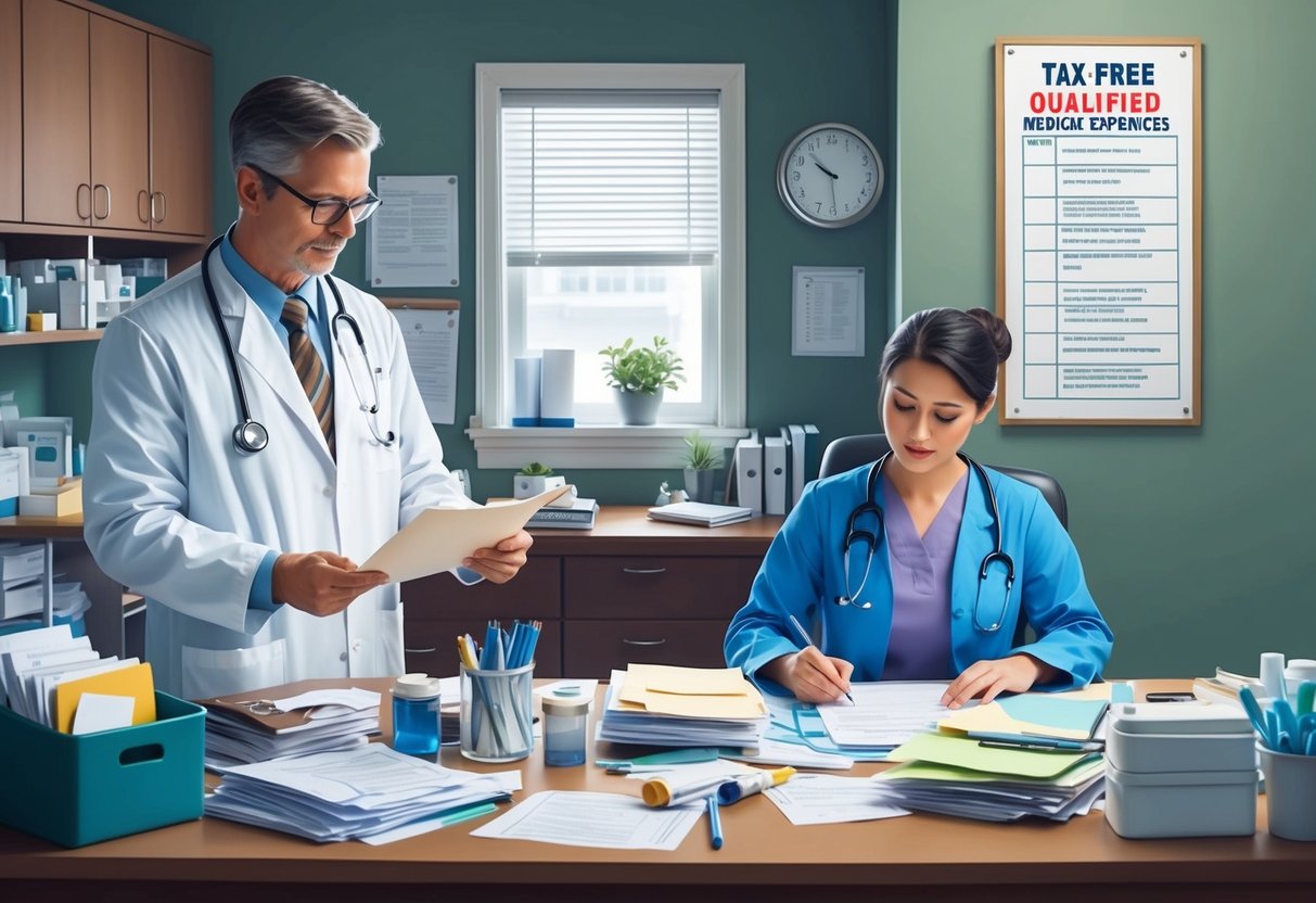 A doctor's office with a desk covered in medical supplies and paperwork, a patient filling out forms, and a sign listing tax-free qualified medical expenses