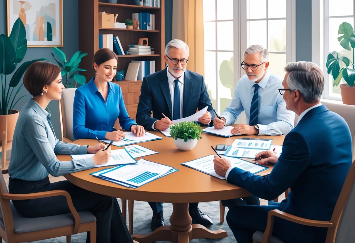 A family sitting around a table, discussing legacy planning while reviewing documents and financial statements