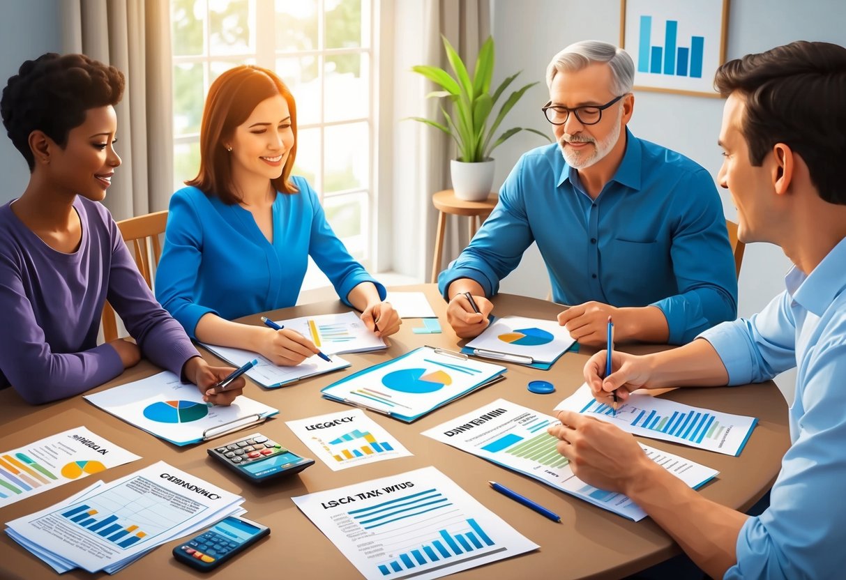 A family sitting around a table, discussing legacy planning and the tax benefits of using HSAs. Financial documents and charts are spread out on the table