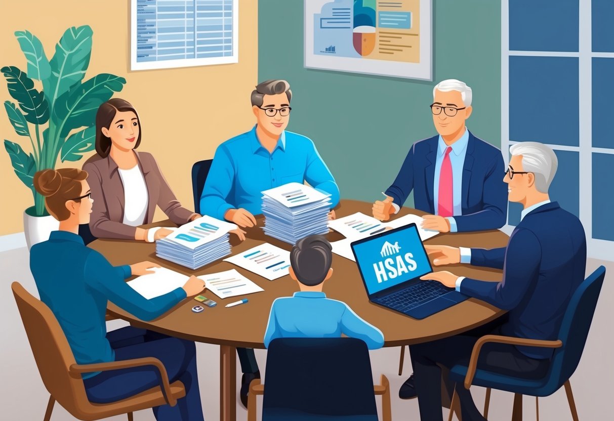 A family sitting around a table, discussing financial planning with a stack of documents and a laptop open, while a financial advisor explains the tax advantages of using HSAs for legacy planning