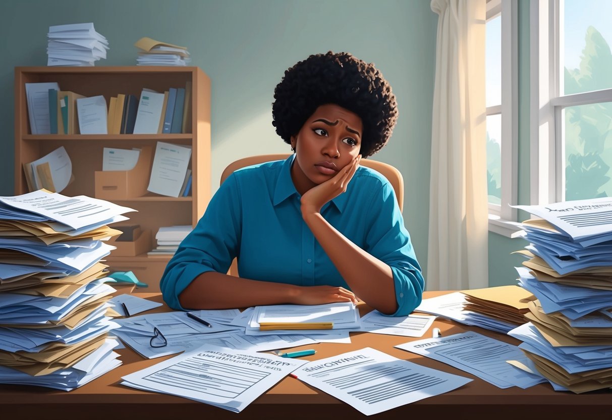 A person sitting at a cluttered desk, surrounded by papers and documents related to long-term care insurance. They appear hesitant and unsure, with a look of indecision on their face