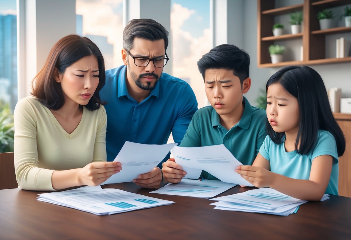 A family reviewing financial documents with confused expressions