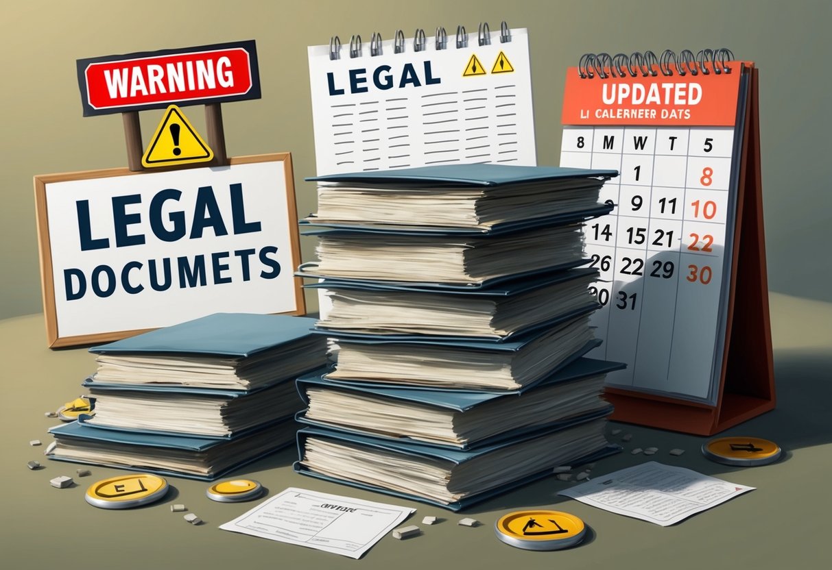 A stack of outdated legal documents surrounded by warning signs and a calendar with missed update dates