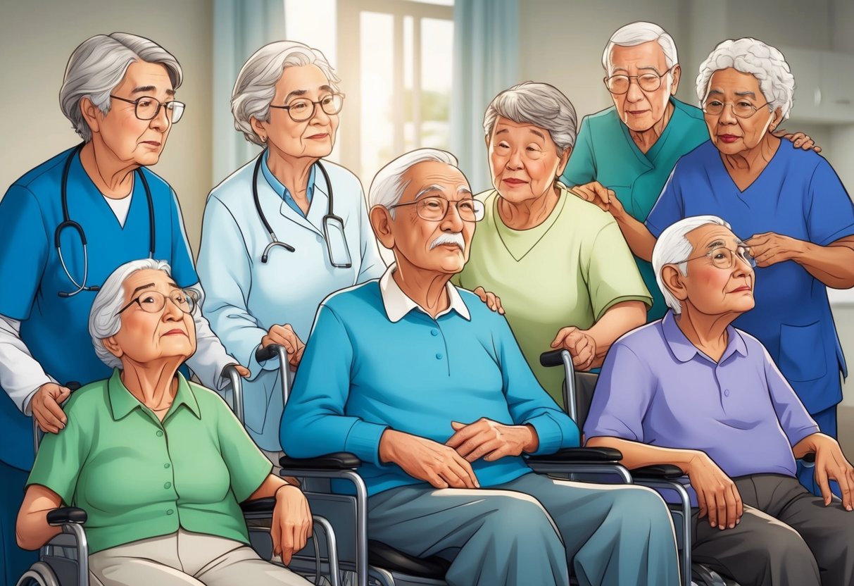 A group of elderly individuals receiving care from untrained individuals, resulting in various mistakes and oversights in their long-term care planning