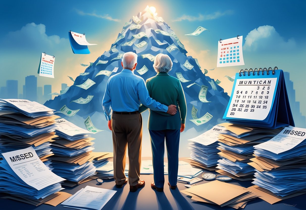 A senior couple overlooks a mountain of medical bills while surrounded by piles of paperwork and a calendar showing missed appointments
