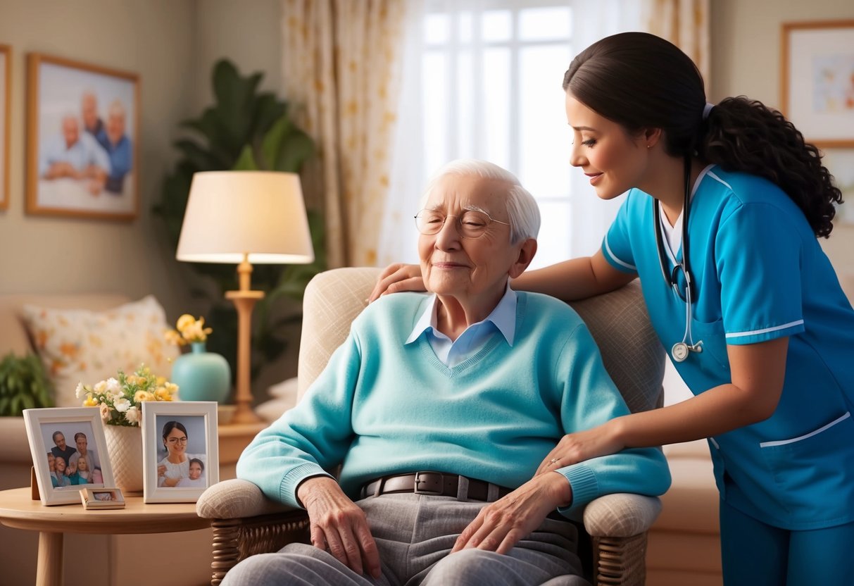 A serene elderly person sitting in a cozy room, surrounded by family photos and comforting decor, while receiving attentive care from a compassionate caregiver