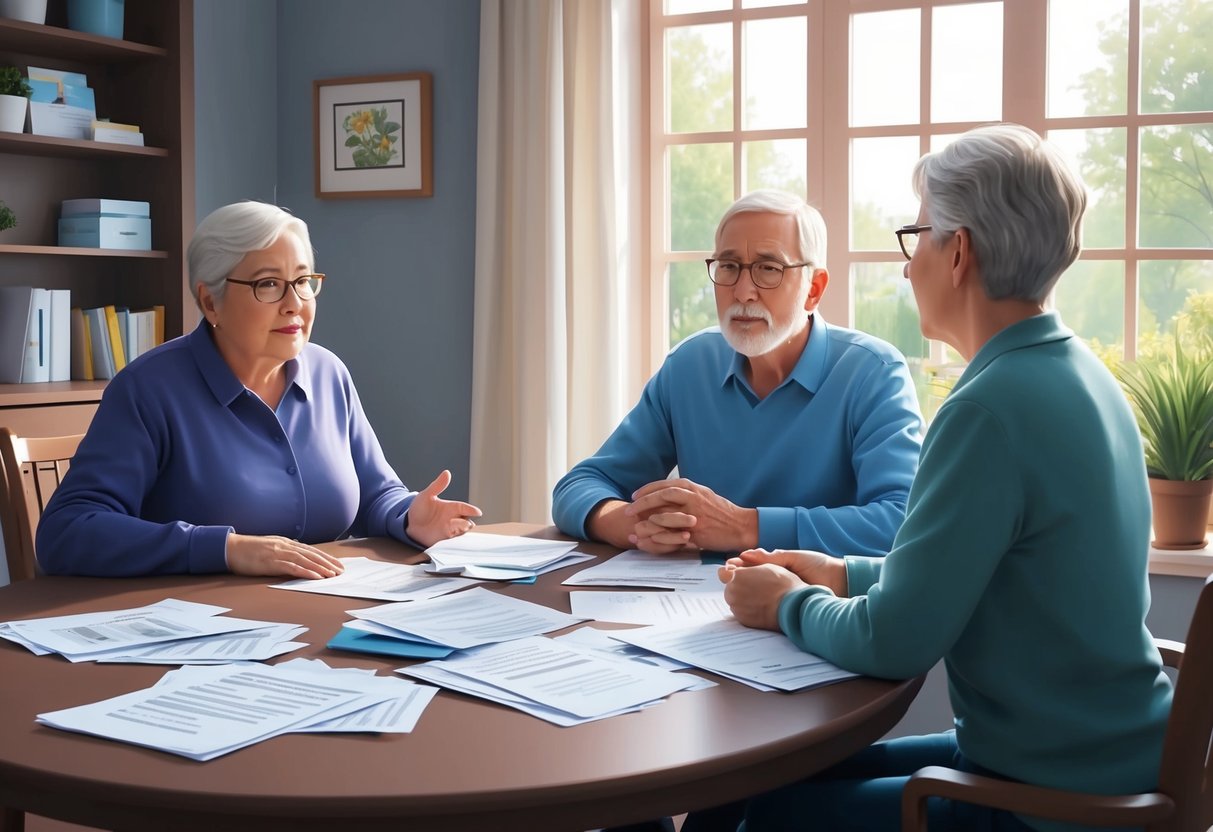 A family sitting at a table, with one person excluded from the conversation. Papers and documents scattered, indicating long-term care planning