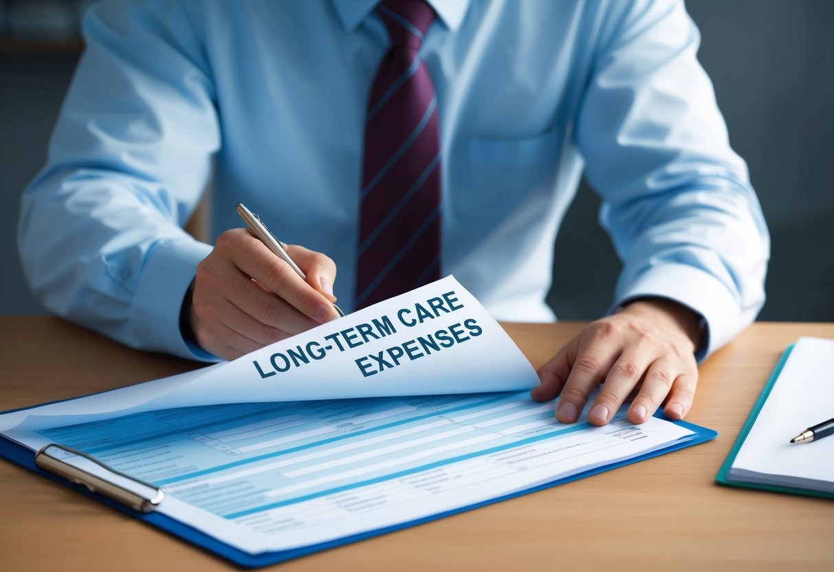 A person overlooking a detailed financial plan, with a section for long-term care expenses left empty