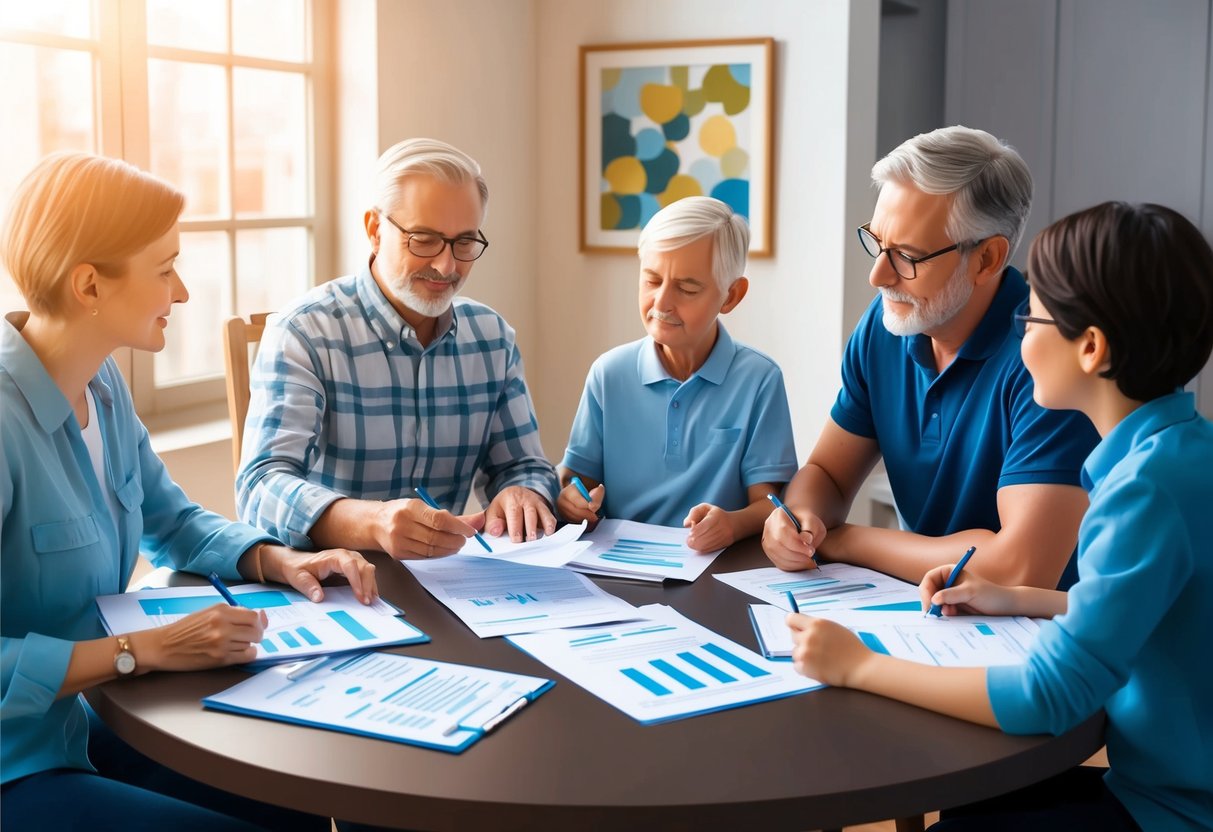 A family sitting around a table with financial documents, discussing long-term care planning