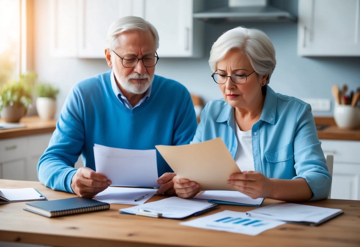 A senior couple reviewing paperwork at a kitchen table, surrounded by financial documents and a notebook. They appear concerned and focused on long-term care planning