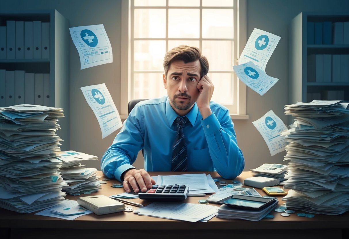 A cluttered desk with unpaid medical bills, a worried expression, and a calculator surrounded by looming financial burdens