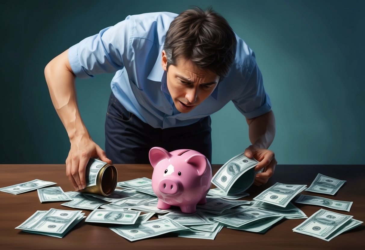 A person frantically searching through empty pockets and overturned piggy bank, surrounded by unpaid medical bills and a look of despair