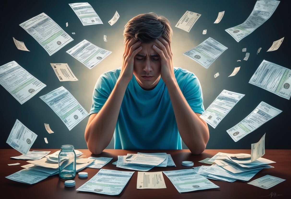 A person surrounded by medical bills and emotional distress