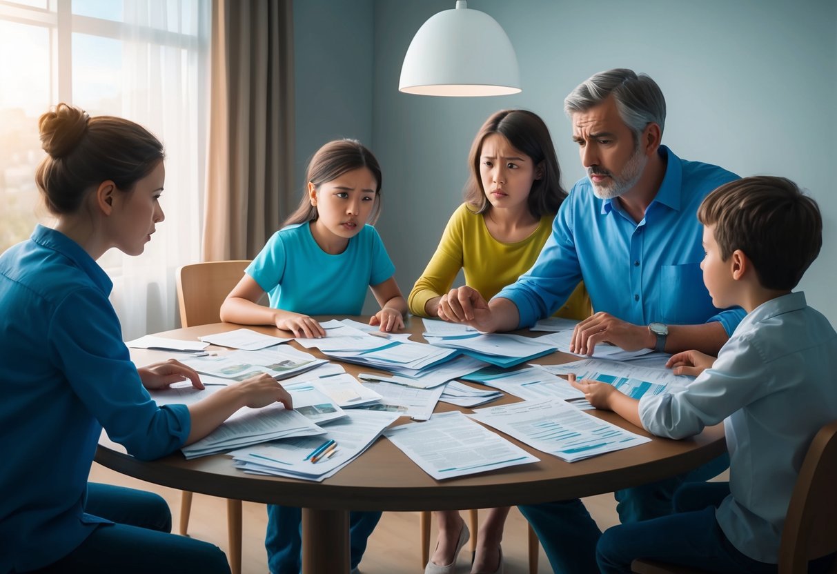 A family sits around a table, bills and medical documents scattered. Tense expressions and worried gestures convey the emotional and financial strain of unplanned healthcare costs