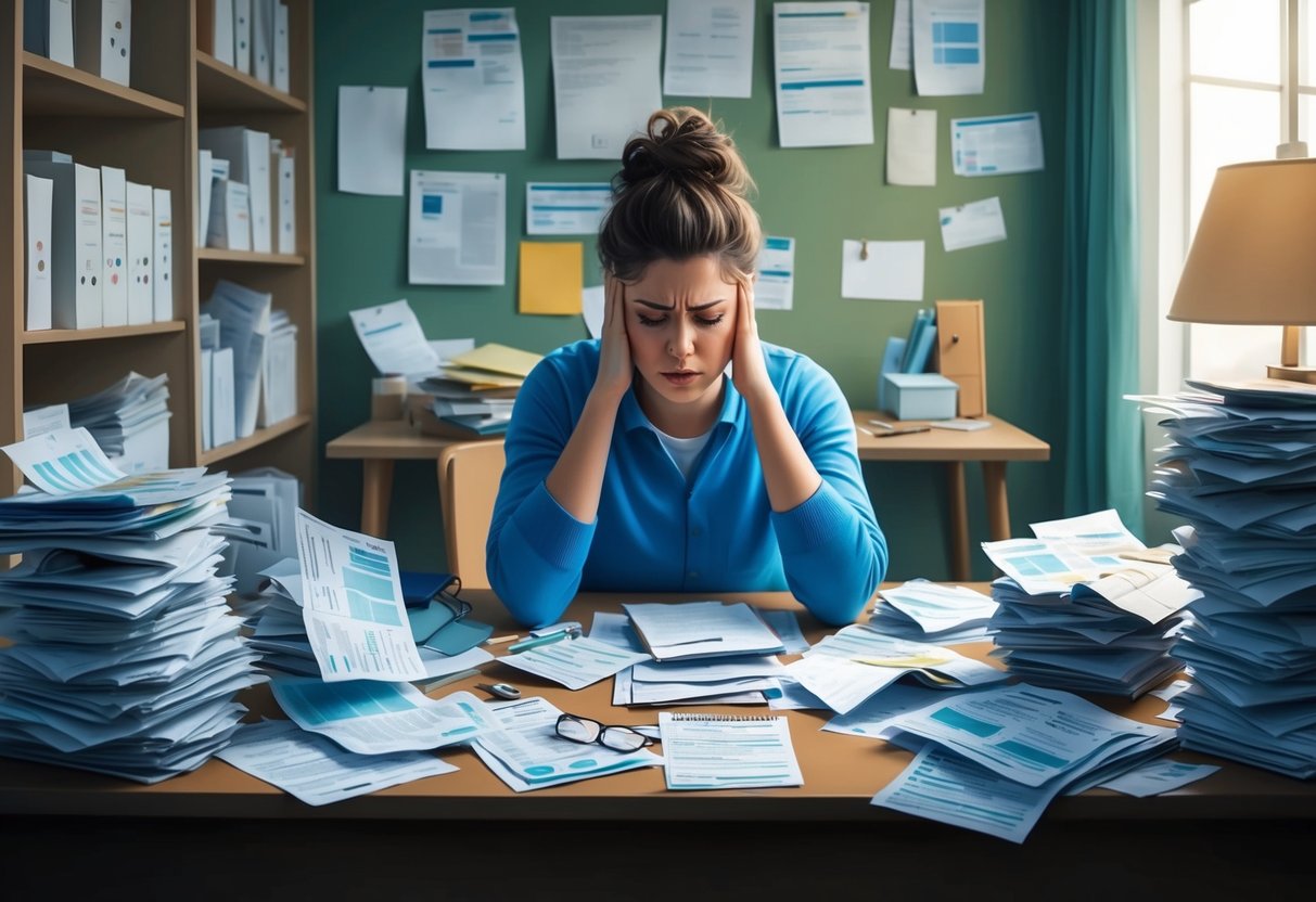 A person sitting in a cluttered room, surrounded by unpaid bills and medical documents, looking stressed and overwhelmed