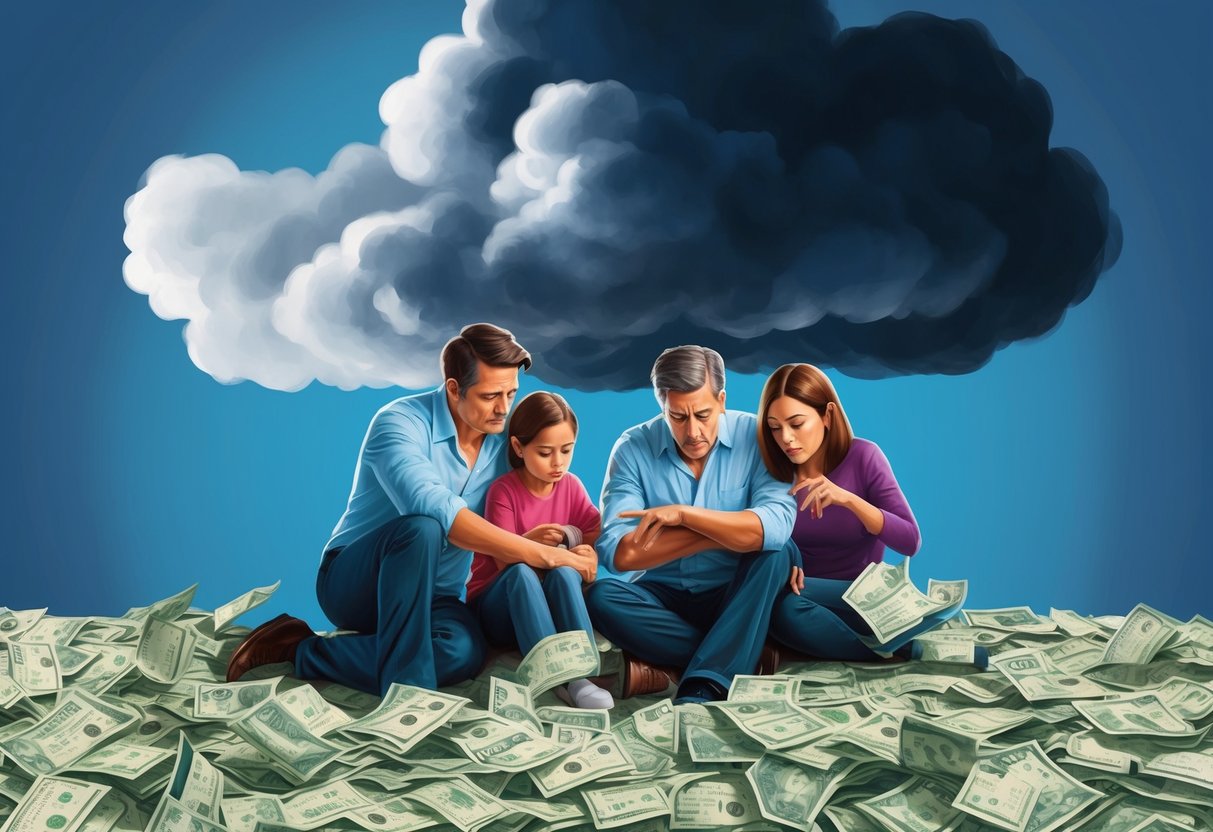 A family stressed and surrounded by medical bills, with a looming shadow of high insurance premiums casting a dark cloud over their finances