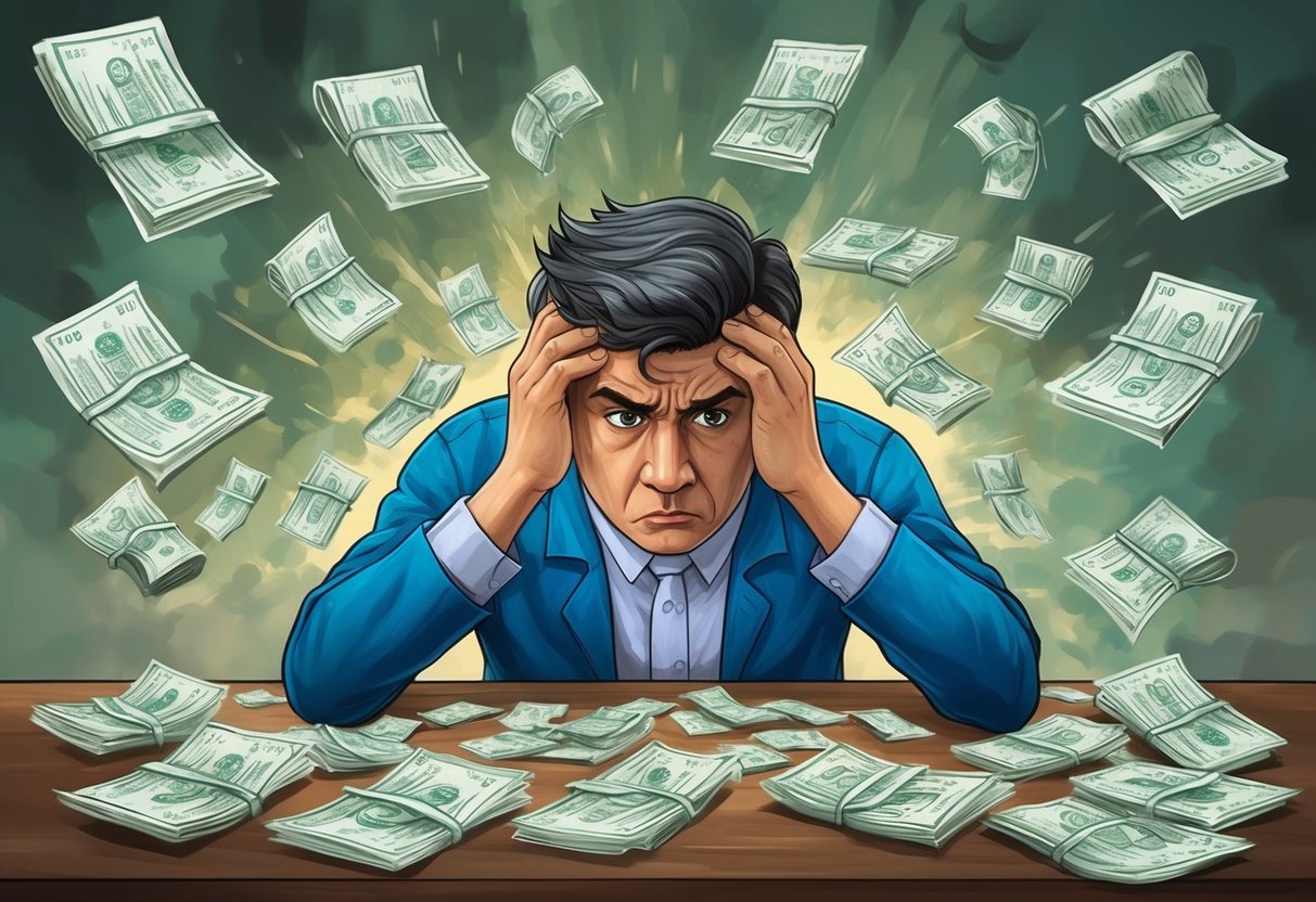 A stressed individual surrounded by unpaid medical bills and emotional distress