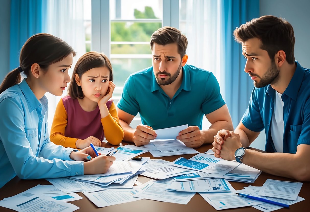 A family sitting around a table, looking worried while surrounded by medical bills and paperwork