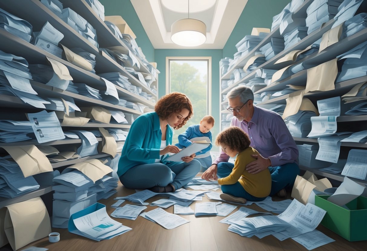 A family struggling to navigate a maze of medical bills and paperwork, overwhelmed by the emotional and financial toll of inadequate healthcare planning
