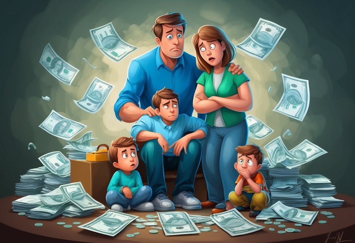 A worried family surrounded by unpaid medical bills and emotional distress