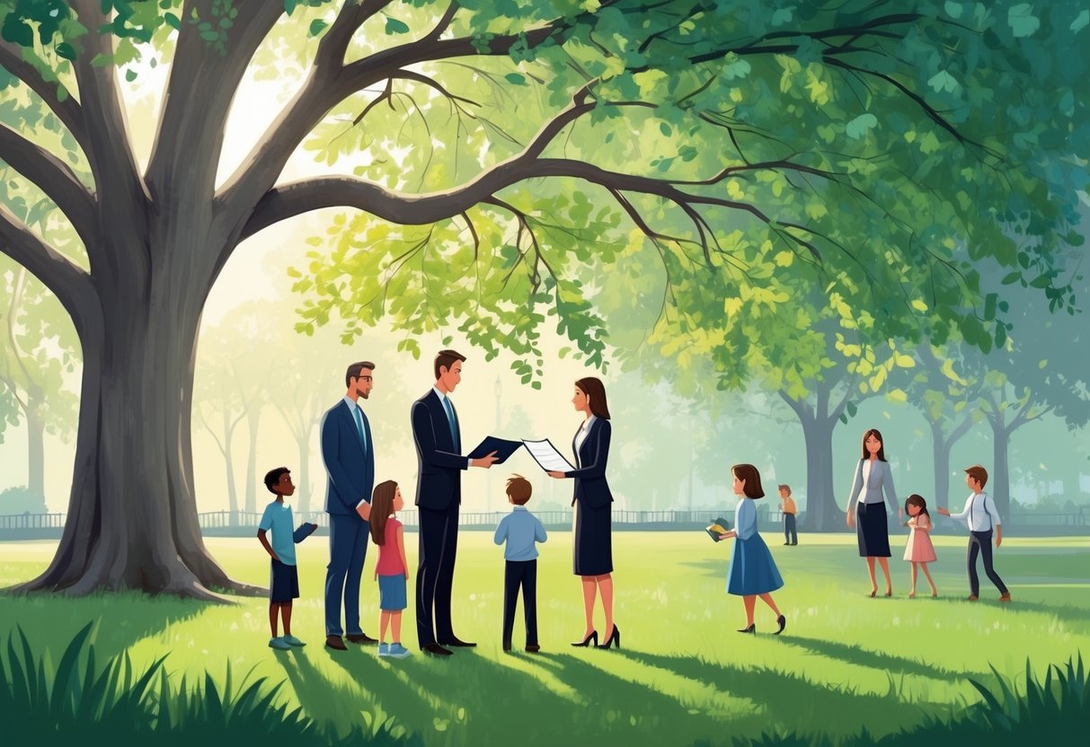 A serene, leafy park with a grand oak tree casting dappled shade on a family gathering. A lawyer presents a document to a couple, while children play in the background