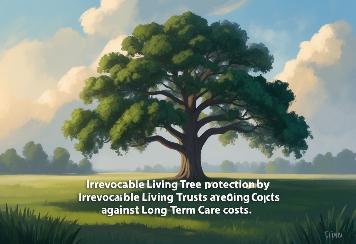 A serene landscape with a large, sturdy oak tree symbolizing the security and protection provided by irrevocable living trusts against long-term care costs