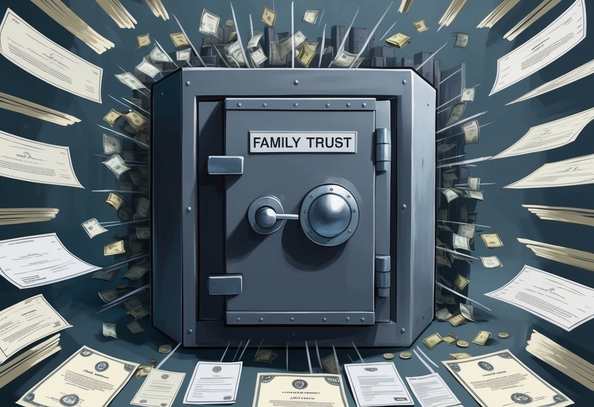 A family trust shielded by a sturdy vault, surrounded by a barrier of legal documents and financial records