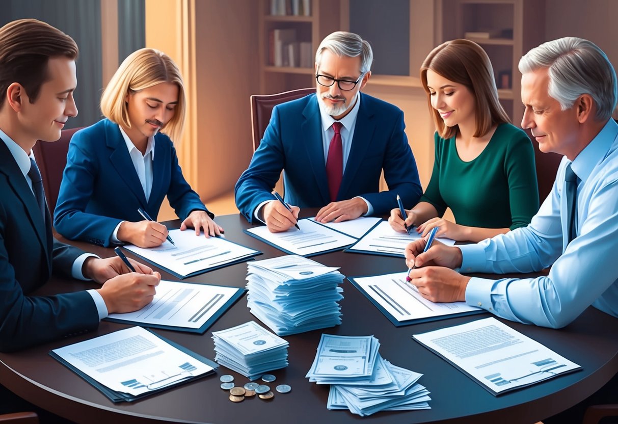 A family sitting around a table, signing legal documents with a lawyer, while a stack of papers and financial documents are spread out in front of them