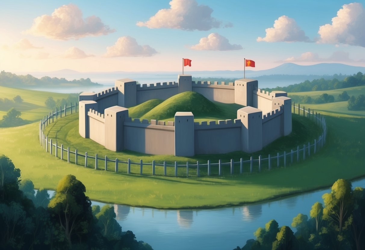 A serene landscape with a sturdy fortress surrounded by a protective barrier, symbolizing the security and safeguarding of assets through the use of trusts