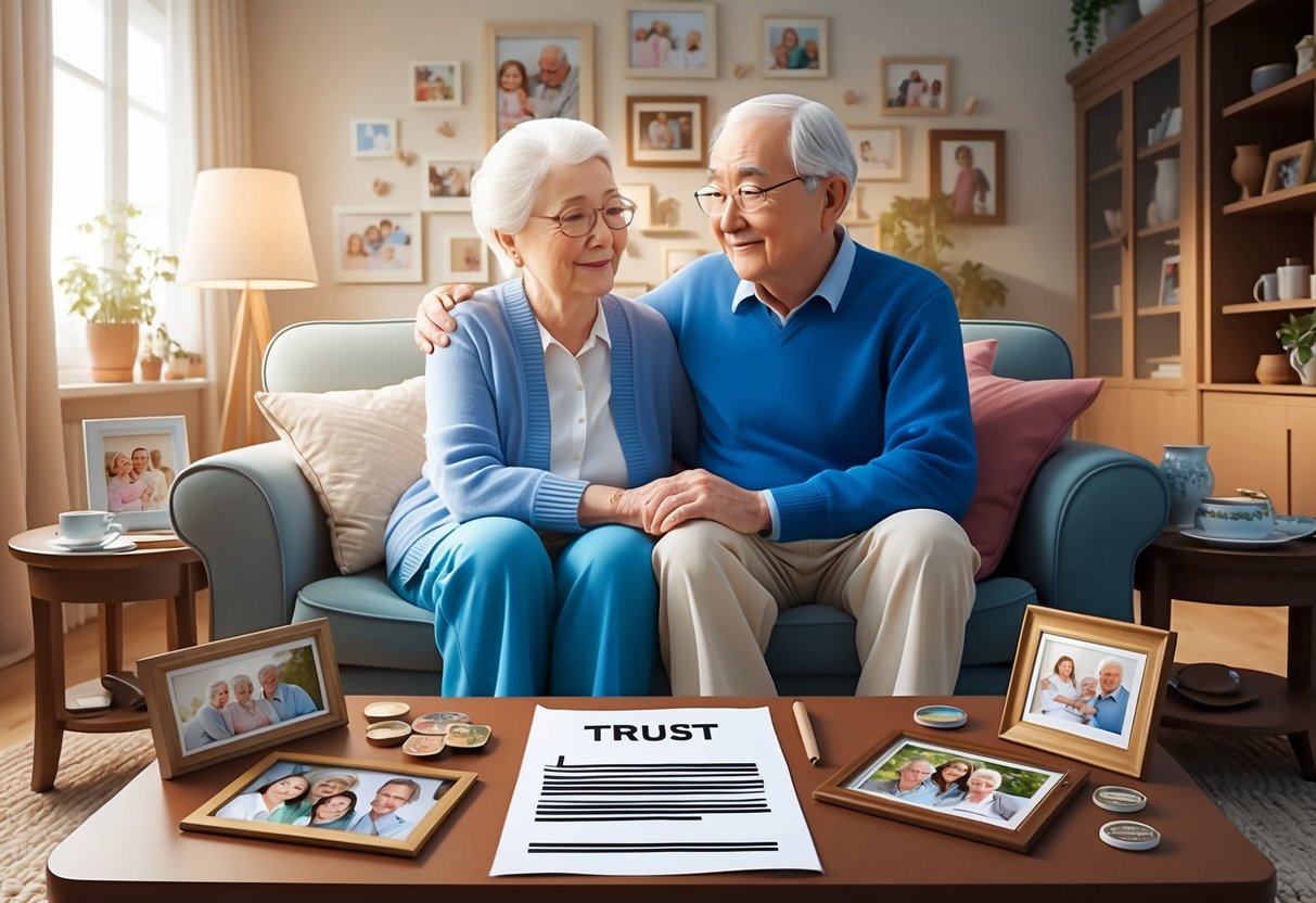 A serene elderly couple sitting in a cozy living room, surrounded by family photos and cherished possessions, while a legal document labeled "Trust" sits prominently on the coffee table