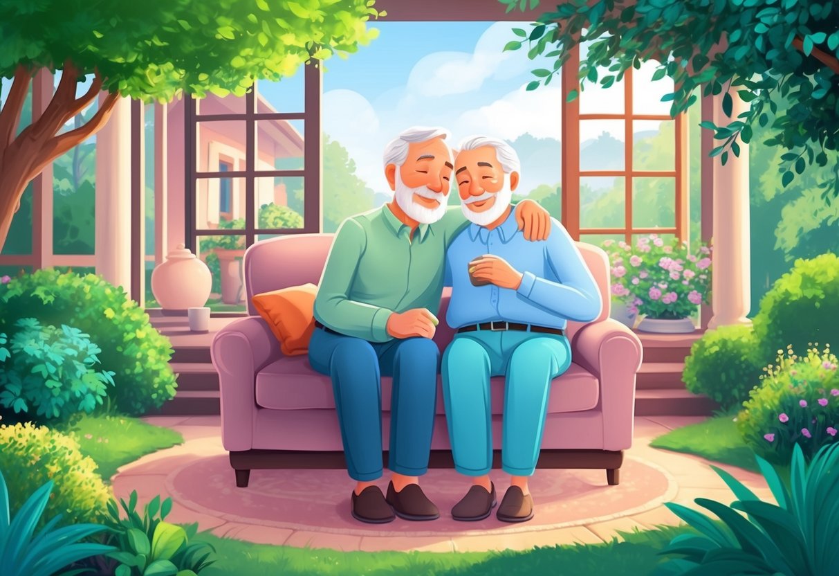 A serene elderly couple enjoying a peaceful retirement in their cozy home, surrounded by lush greenery and a beautiful garden, symbolizing the security and peace of mind provided by annuities for long-term care