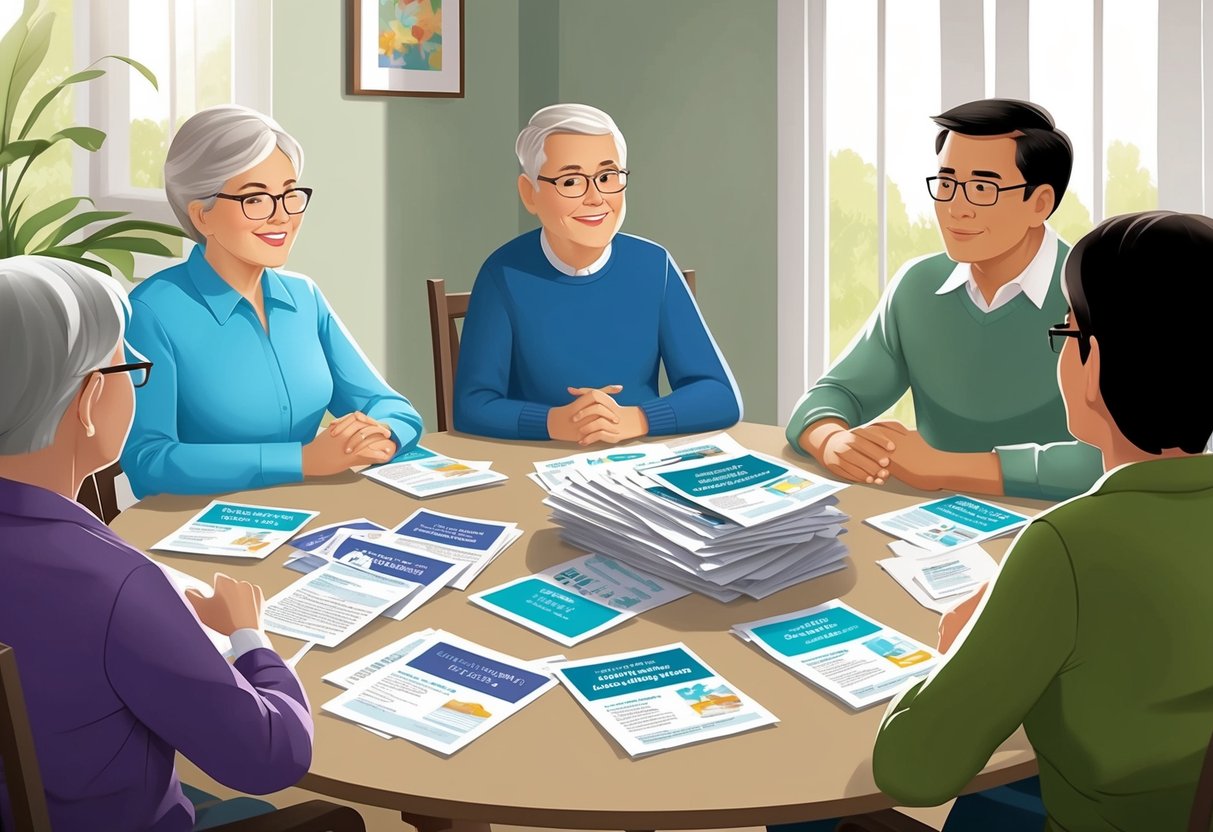 A family sitting around a table, engaged in a discussion. A stack of papers and pamphlets related to long-term care plans is spread out in front of them
