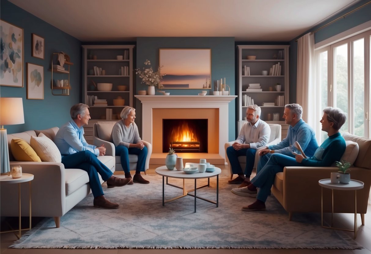 A cozy living room with a warm fireplace, comfortable seating, and soft lighting. Family members gathered around a table, engaged in a meaningful discussion