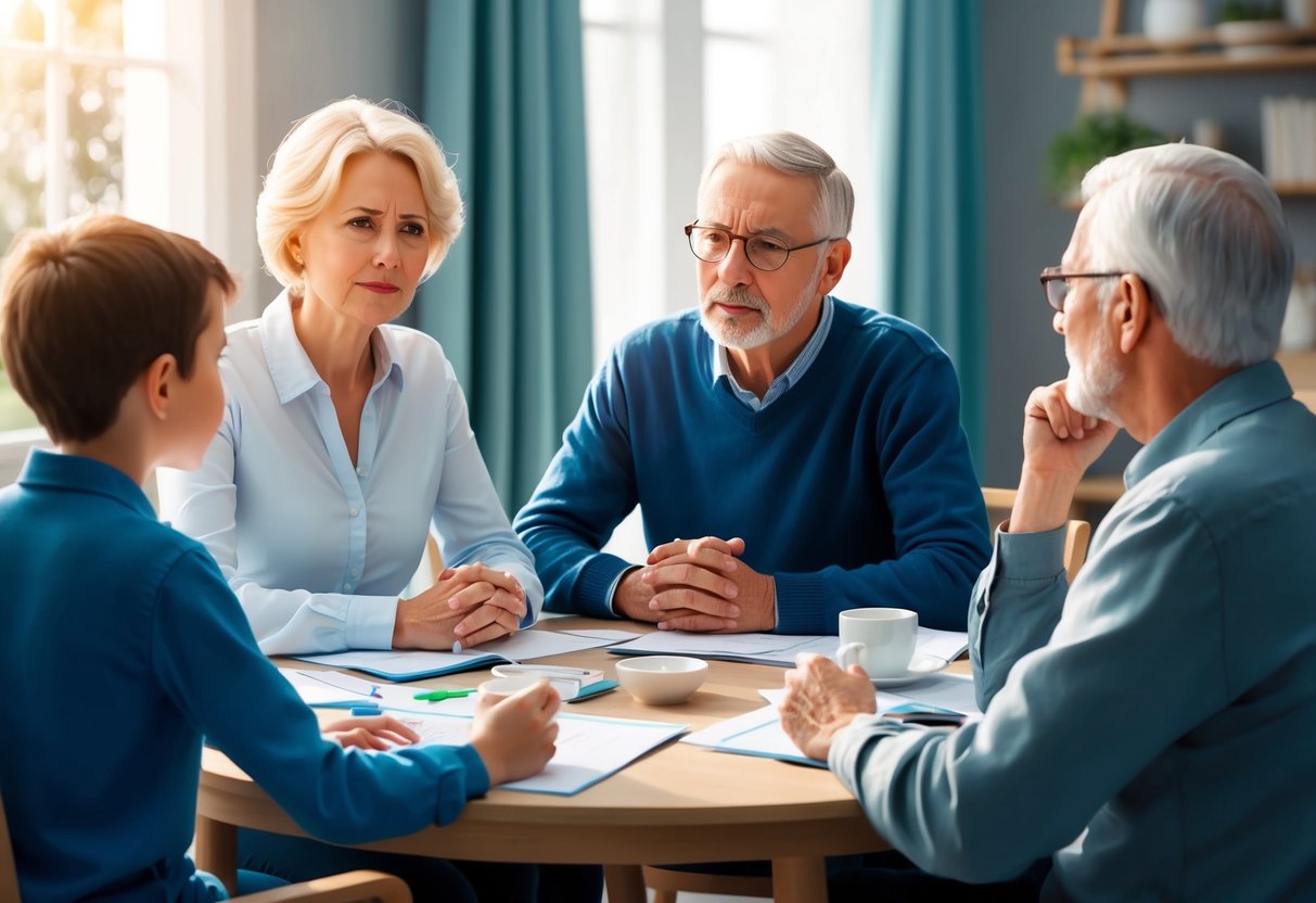 A family sitting around a table, discussing long-term care plans. A mix of emotions - concern, empathy, and understanding - are evident on their faces