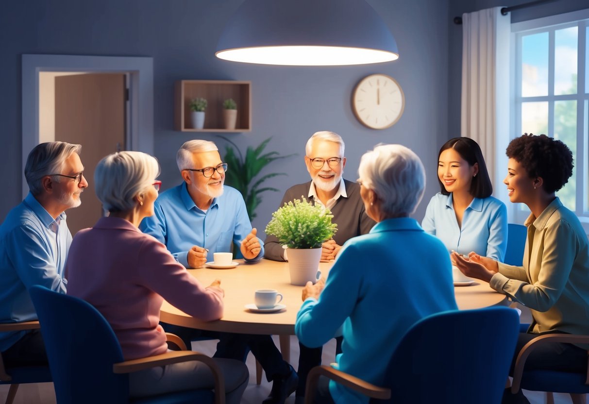 Family members gathered around a table, engaged in conversation, sharing their opinions and discussing long-term care plans