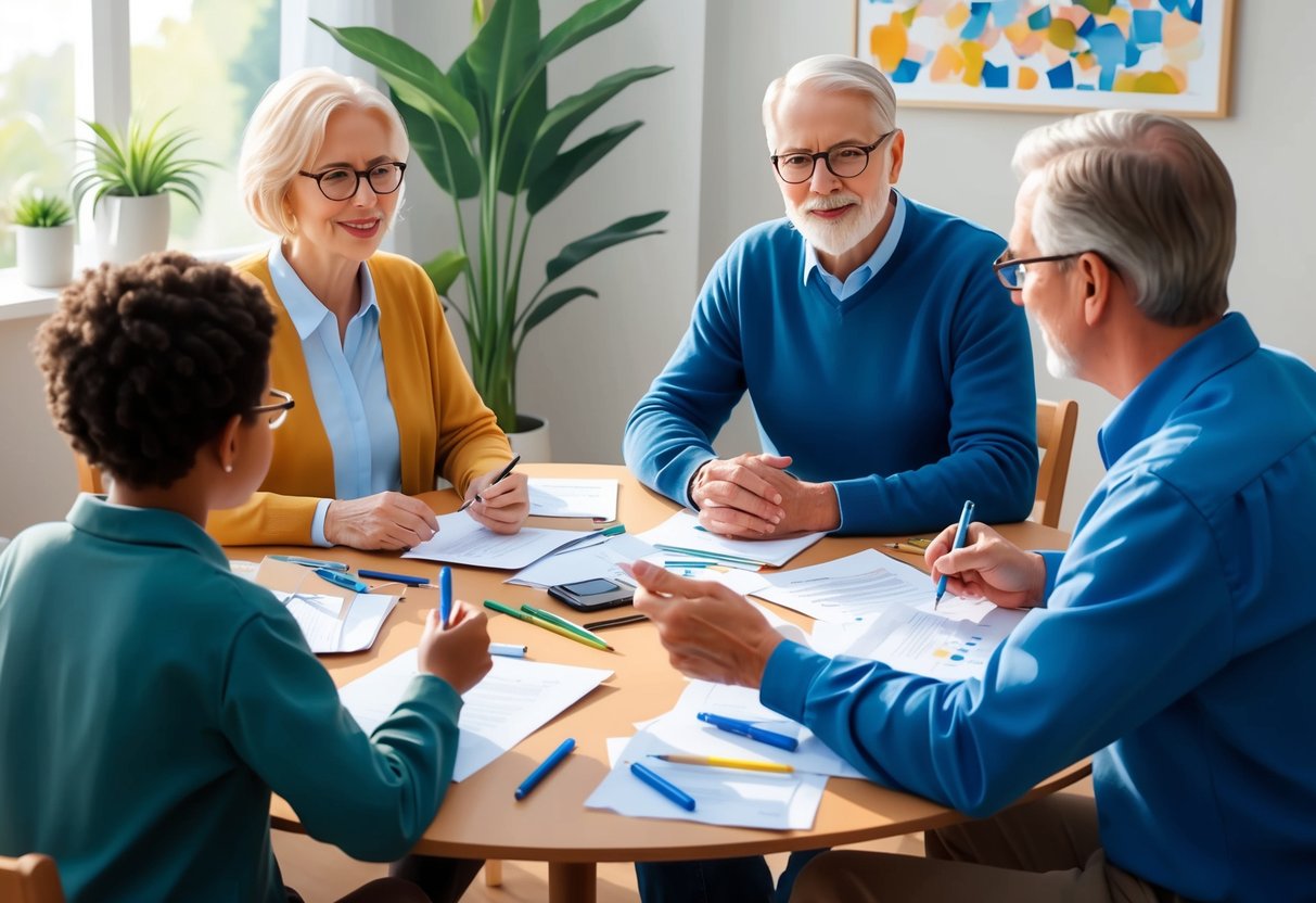A family sits around a table, discussing long-term care options. Papers and pens are scattered, as they collaborate on a plan