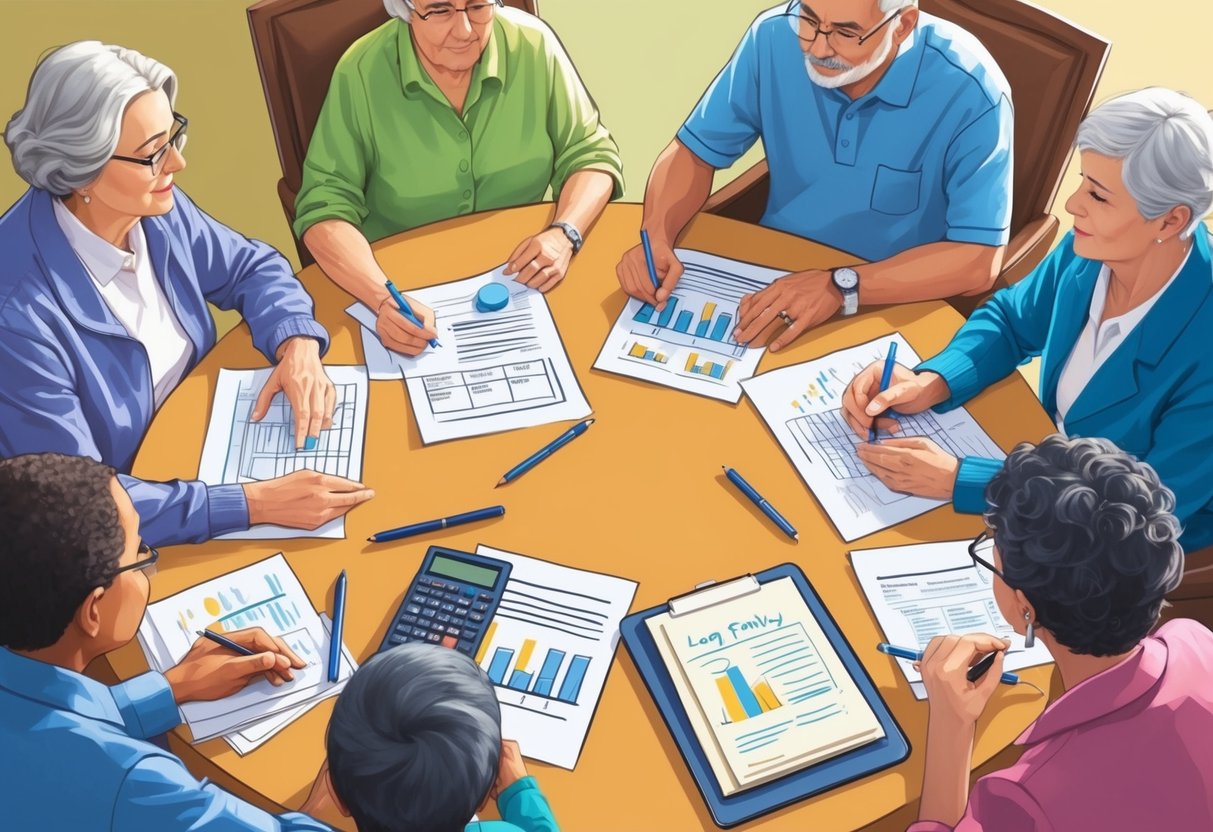 A family sitting around a table, discussing long-term care plans. Papers, pens, and a calculator are scattered across the table, indicating a serious and thoughtful conversation about financial implications