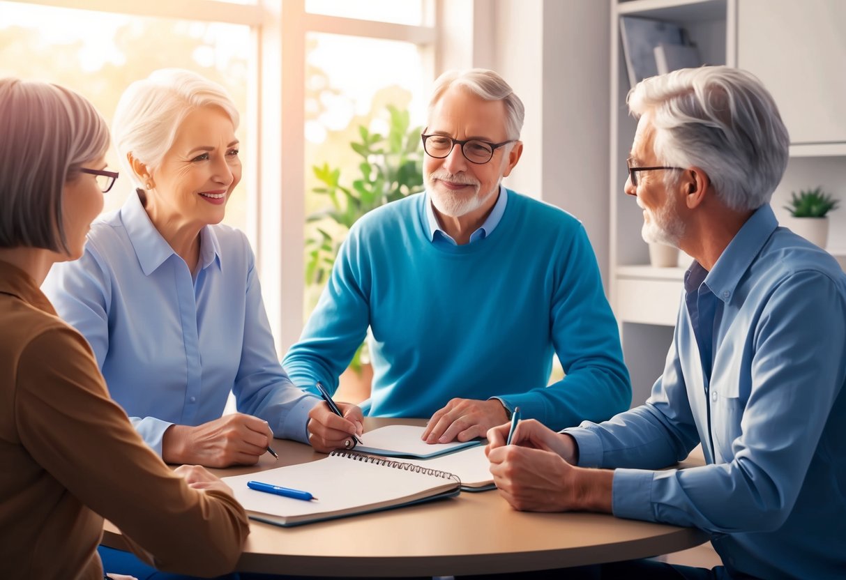 A family sitting around a table, discussing long-term care plans. A notebook and pen are on the table, and there is a sense of open communication and collaboration
