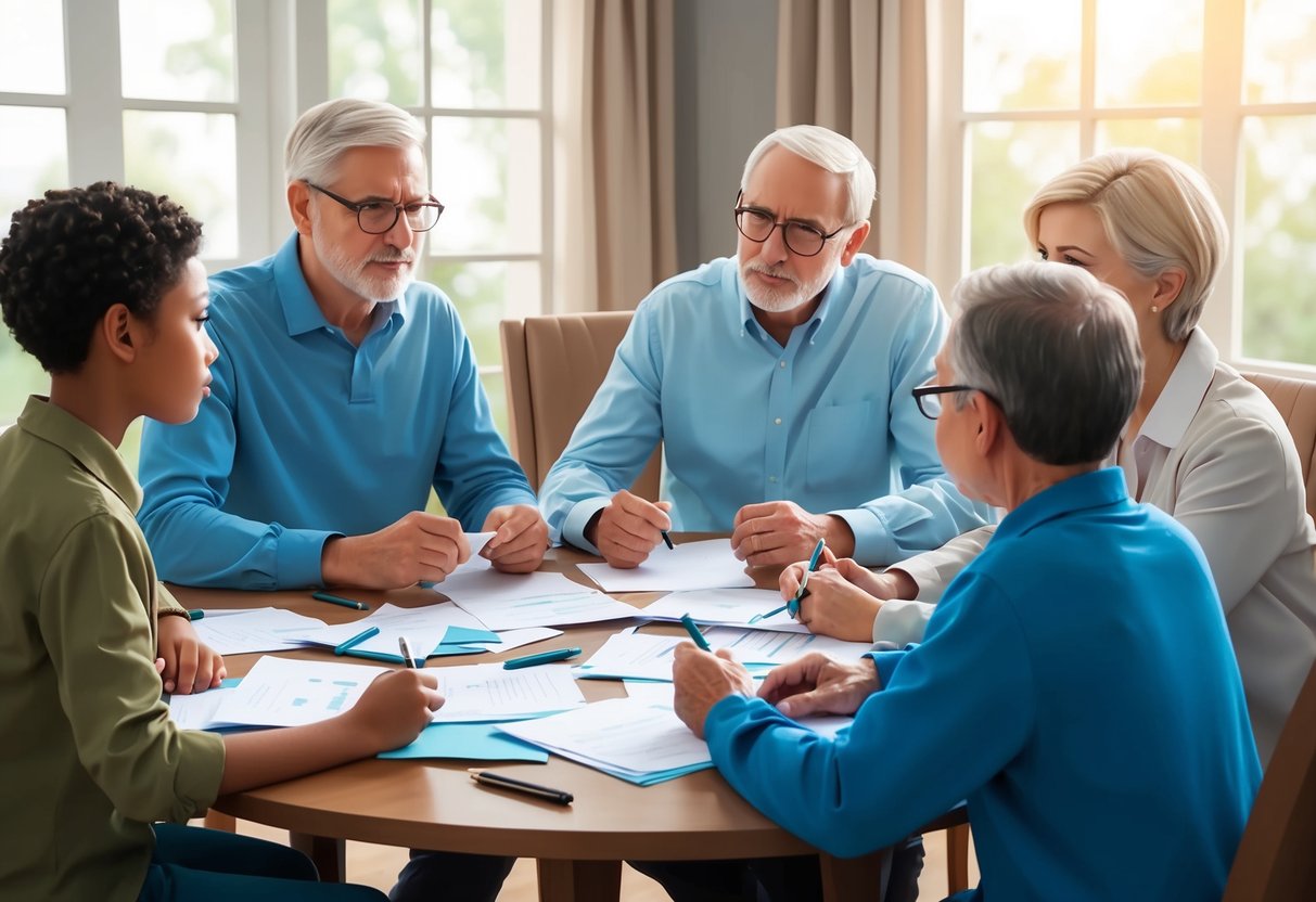 A family sitting around a table, discussing long-term care plans. Papers and pens are scattered across the table as they engage in a serious but respectful conversation