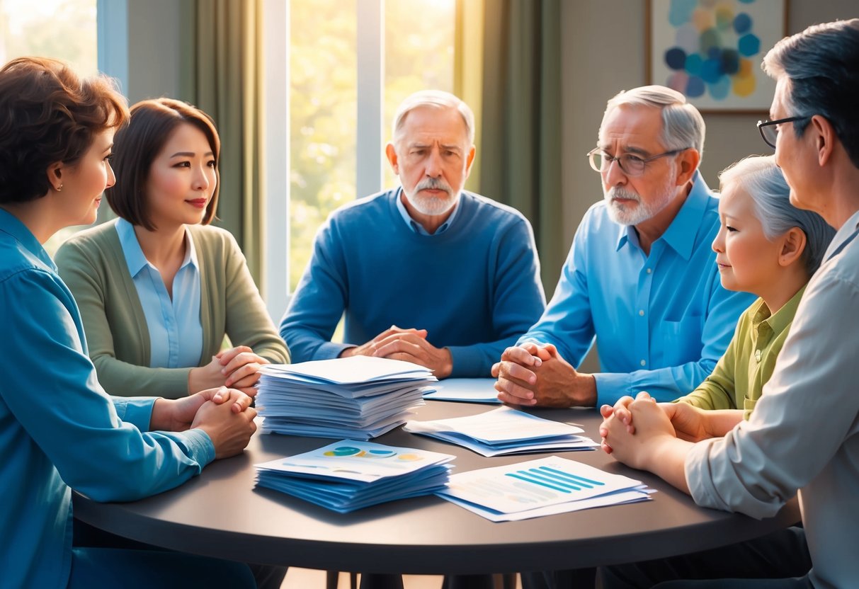 A family gathered around a table, discussing long-term care plans. A stack of papers and brochures on the table. Serious but supportive expressions on their faces